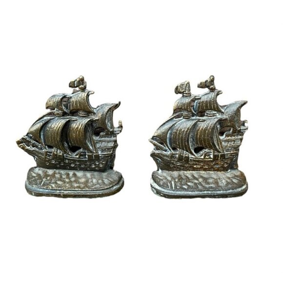 BRASS Sailing Ship Bookends Set of 2 Vintage MCM - Picture 1 of 7